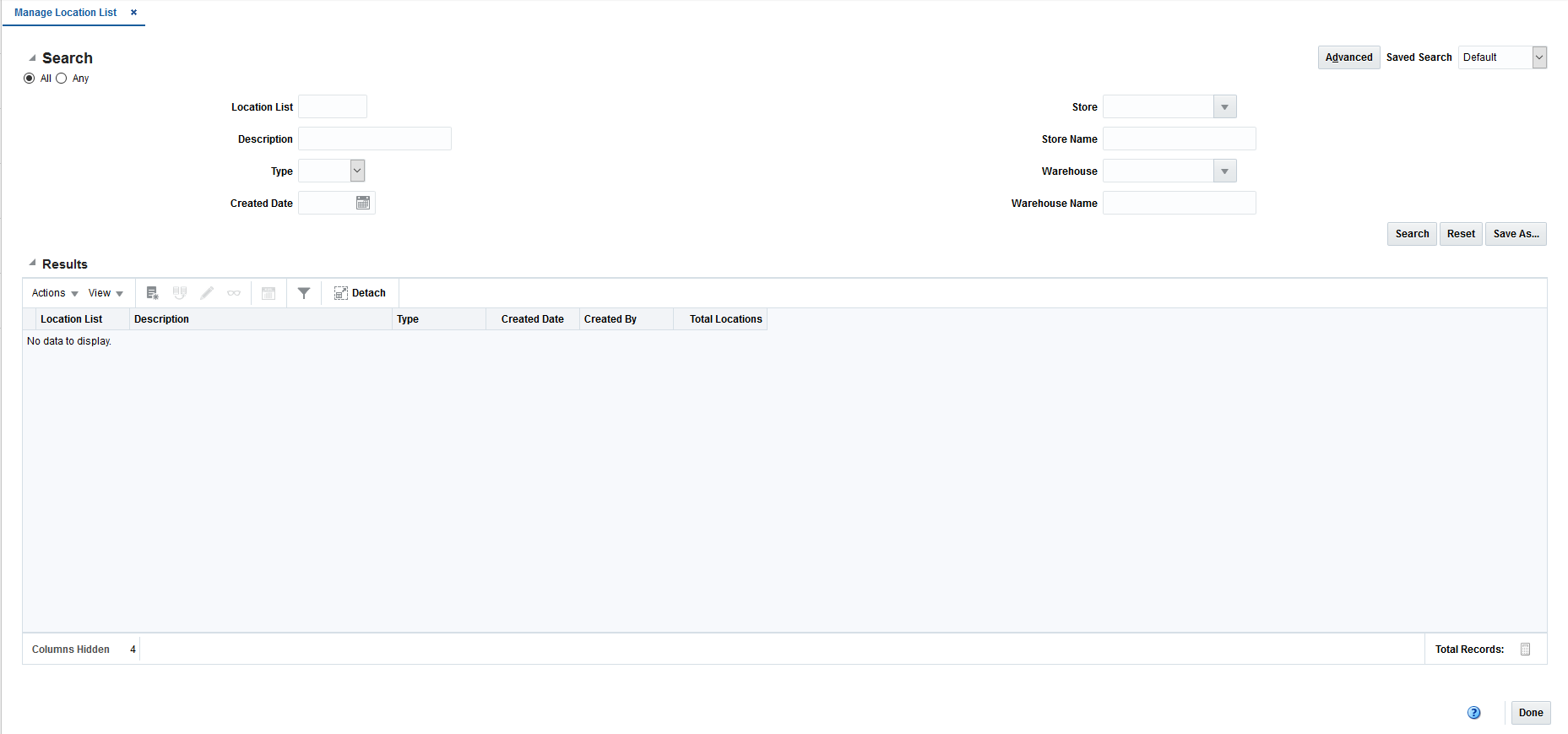 Manage Location List Search Page Manage Location List Search Page