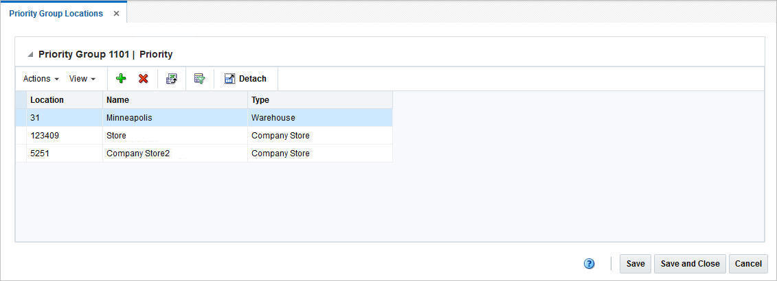 Priority Group Locations window Priority Group Locations window