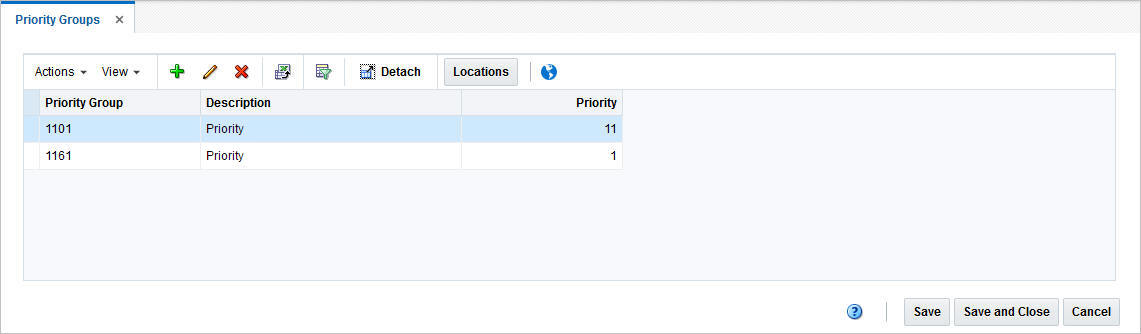 Priority Groups window Priority Groups window
