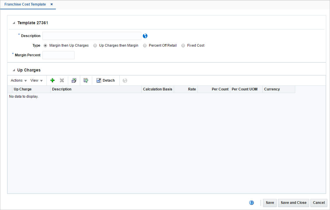 Franchise Cost Template window Franchise Cost Template window