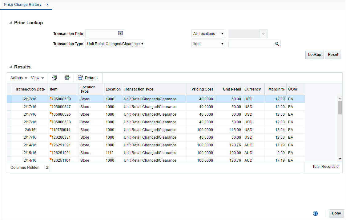 Price Change History window Price Change History window