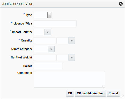 Add Licence/Visa window Add Licence/Visa window