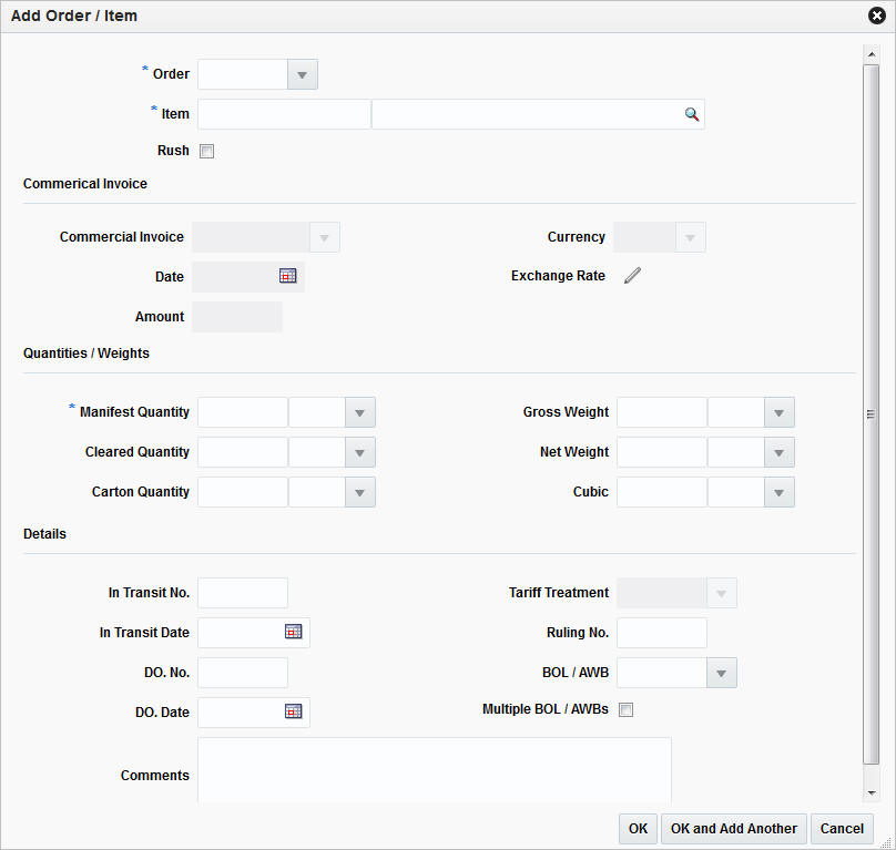 Add Order/Item window Add Order/Item window