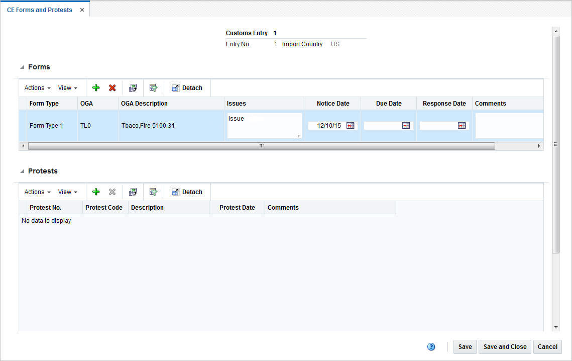 CE Forms and Protests window CE Forms and Protests window