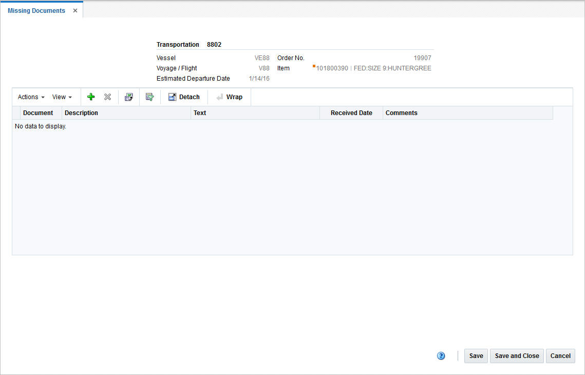 Missing Documents window Missing Documents window