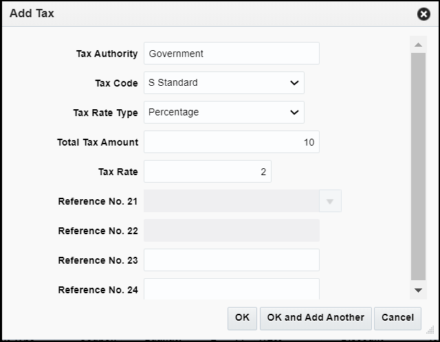 Add Tax screen Add Tax screen