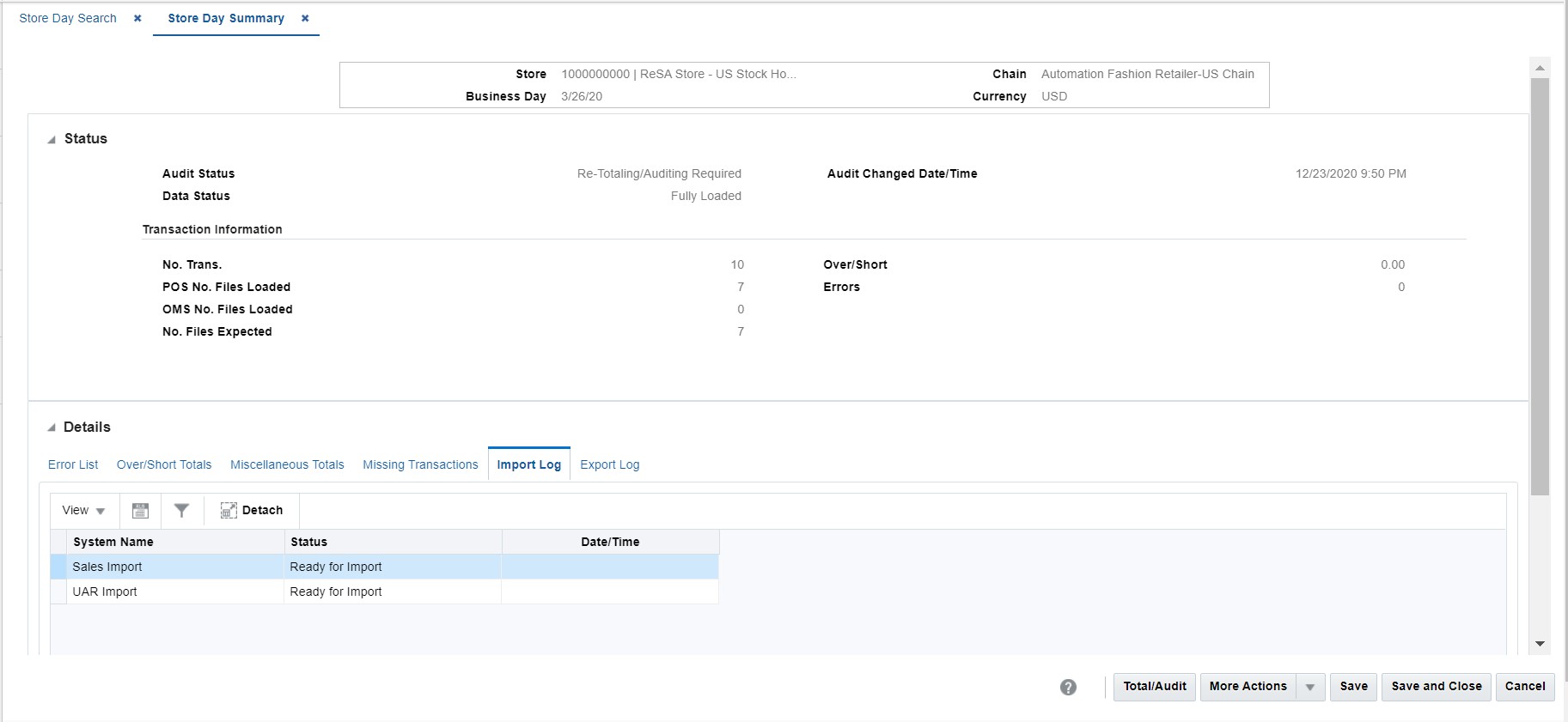 Store Day Summary Window Store Day Summary Window
