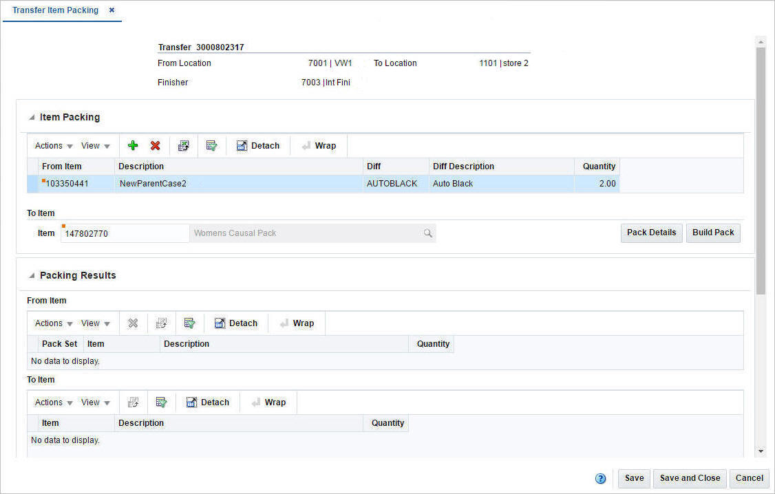 Transfer Item Packing window Transfer Item Packing window