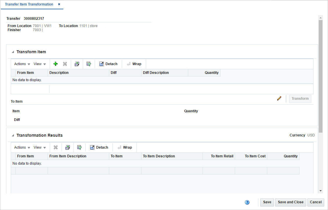 Transfer Item Transformation window Transfer Item Transformation window
