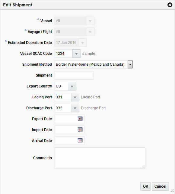 Edit Shipment window Edit Shipment window