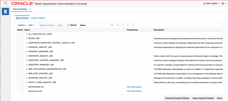 This page shows the Policy Patching Base Policies