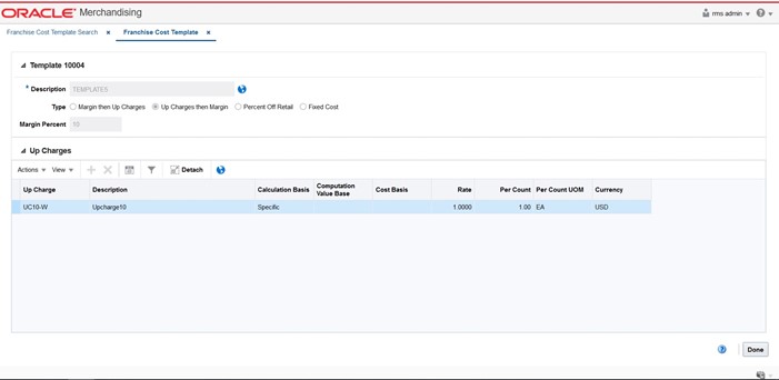 Franchise Cost Template window