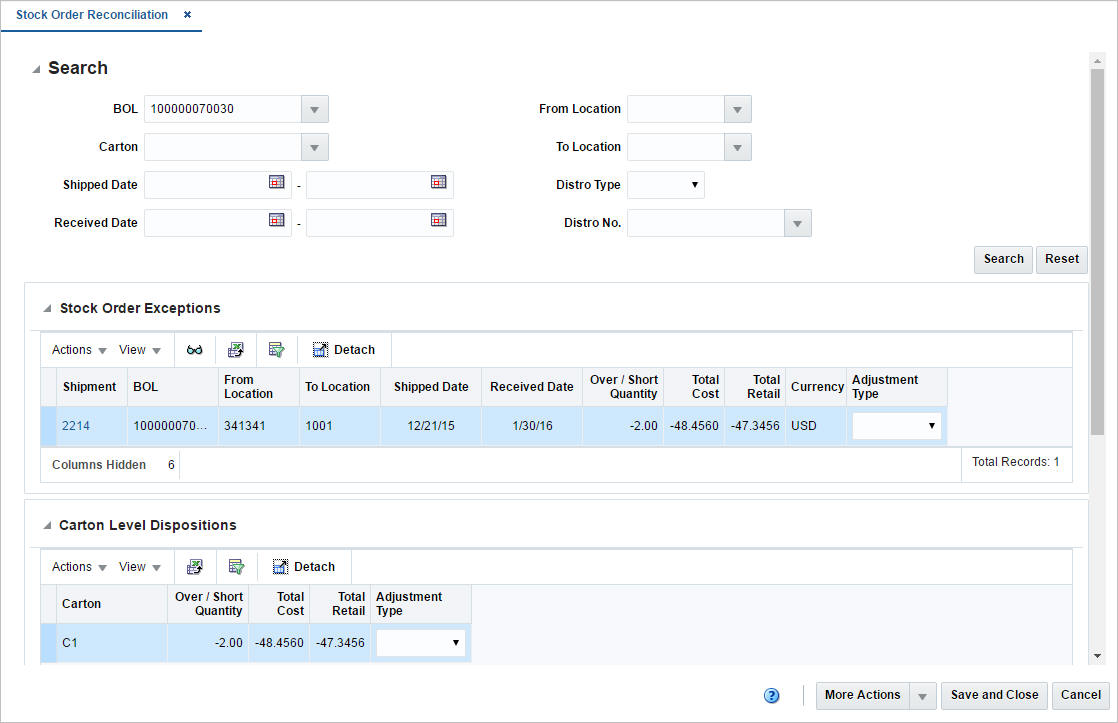 Stock Order Reconciliation window Stock Order Reconciliation window