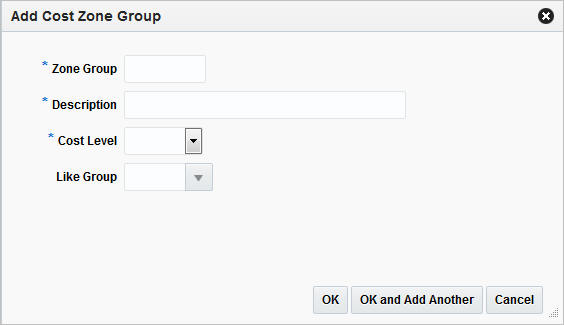 Add Cost Zone Group window Add Cost Zone Group window
