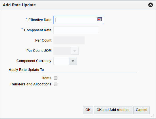 Add Rate Update window Add Rate Update window