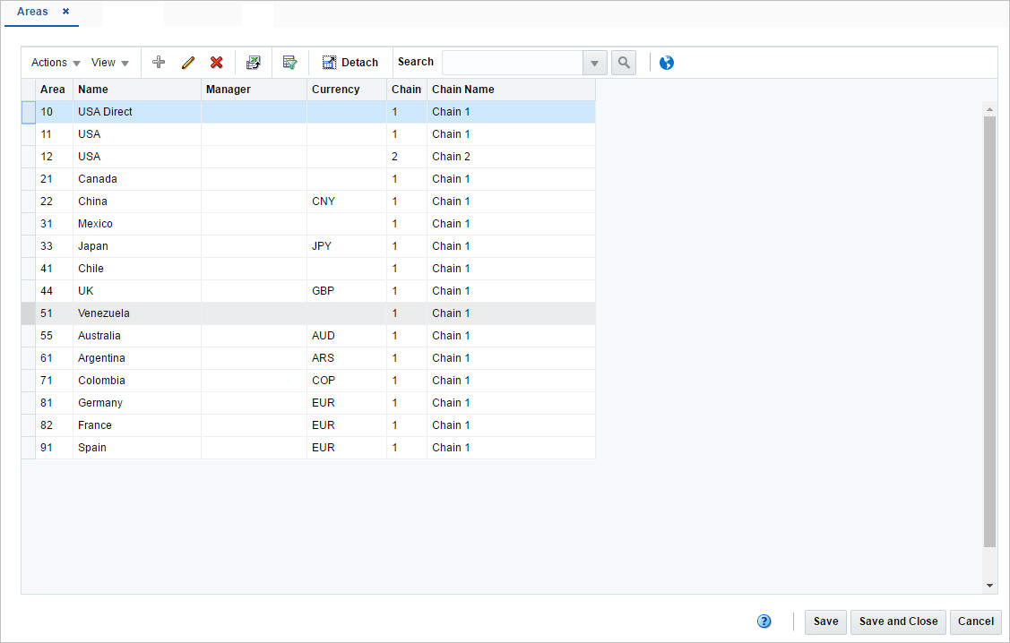 Areas window Areas window