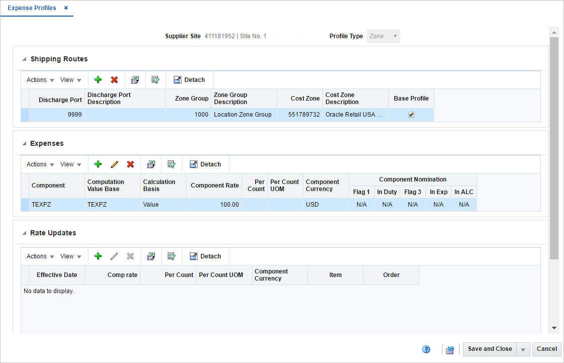Expense Profiles window Expense Profiles window