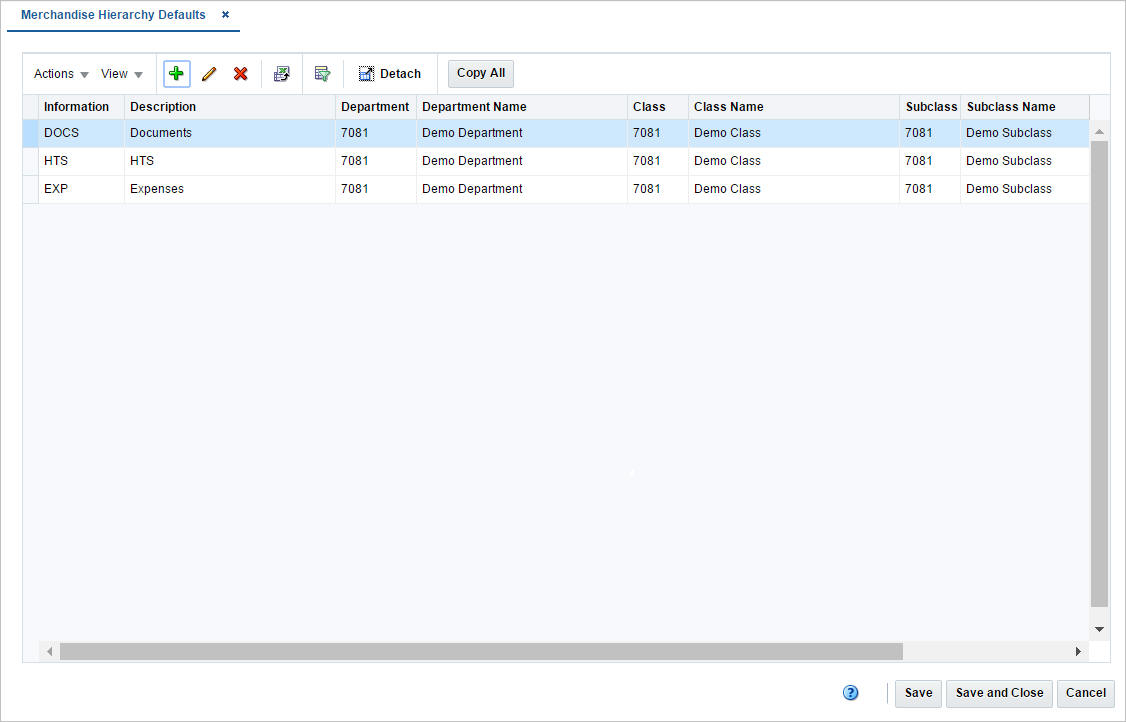 Merchandise Hierarchy Defaults window Merchandise Hierarchy Defaults window