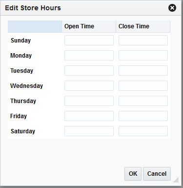 Edit Store Hours Dialog Edit Store Hours Dialog