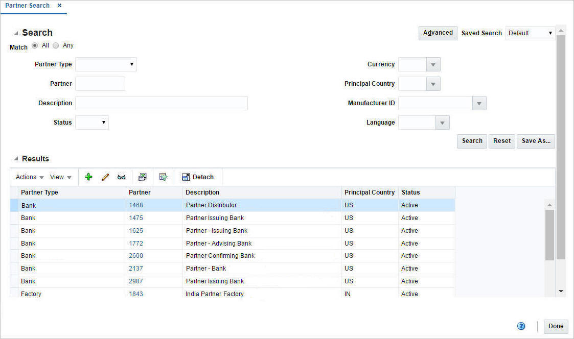 Partner Search window Partner Search window