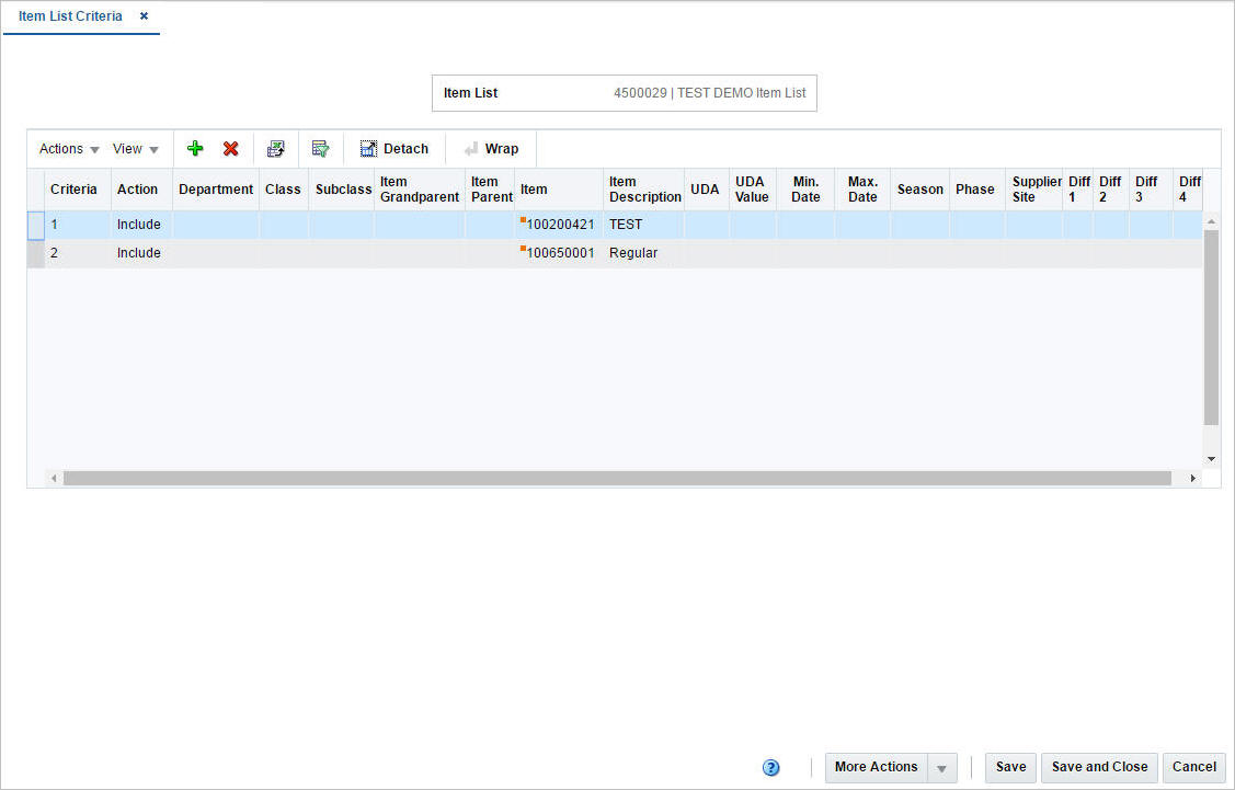 Item List Criteria window Item List Criteria window