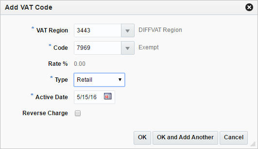 Add VAT Code window Add VAT Code window