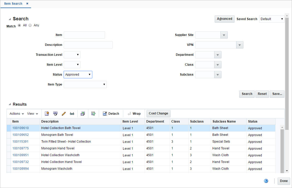 Item Search window Item Search window