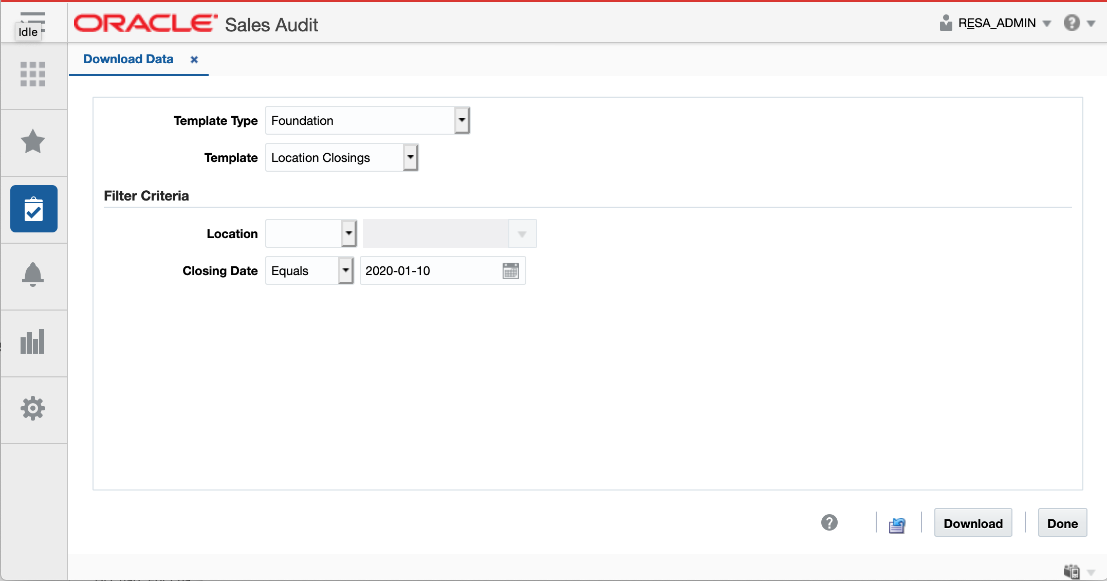 Download Data Window for a Template Download