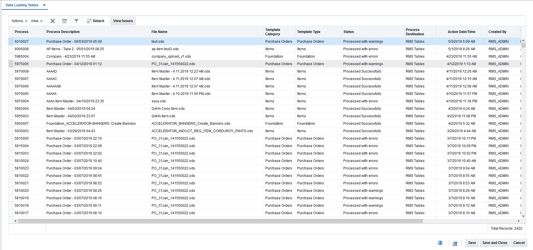 Data Loading Status Page