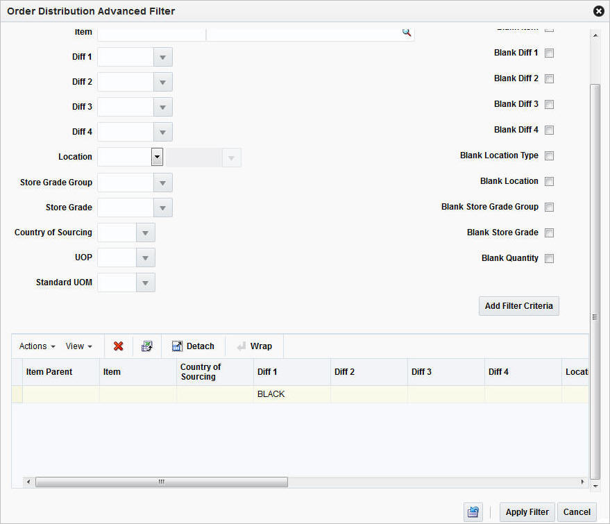 Order Distribution Advanced Filter window