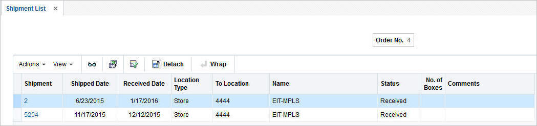 Shipment List window