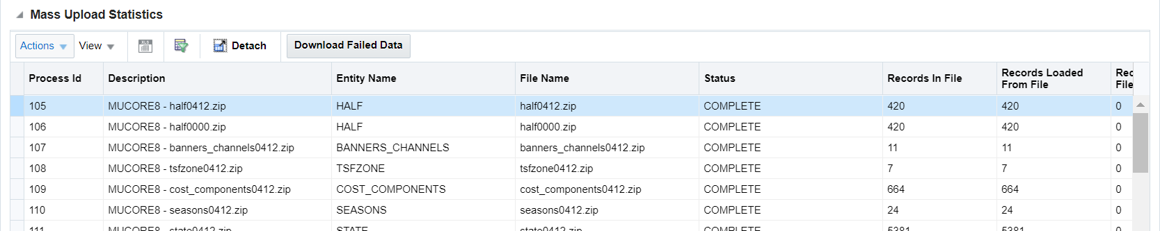 Mass Upload Results Table