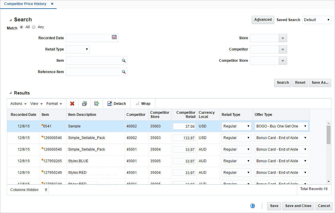 Competitor Price History window Competitor Price History window