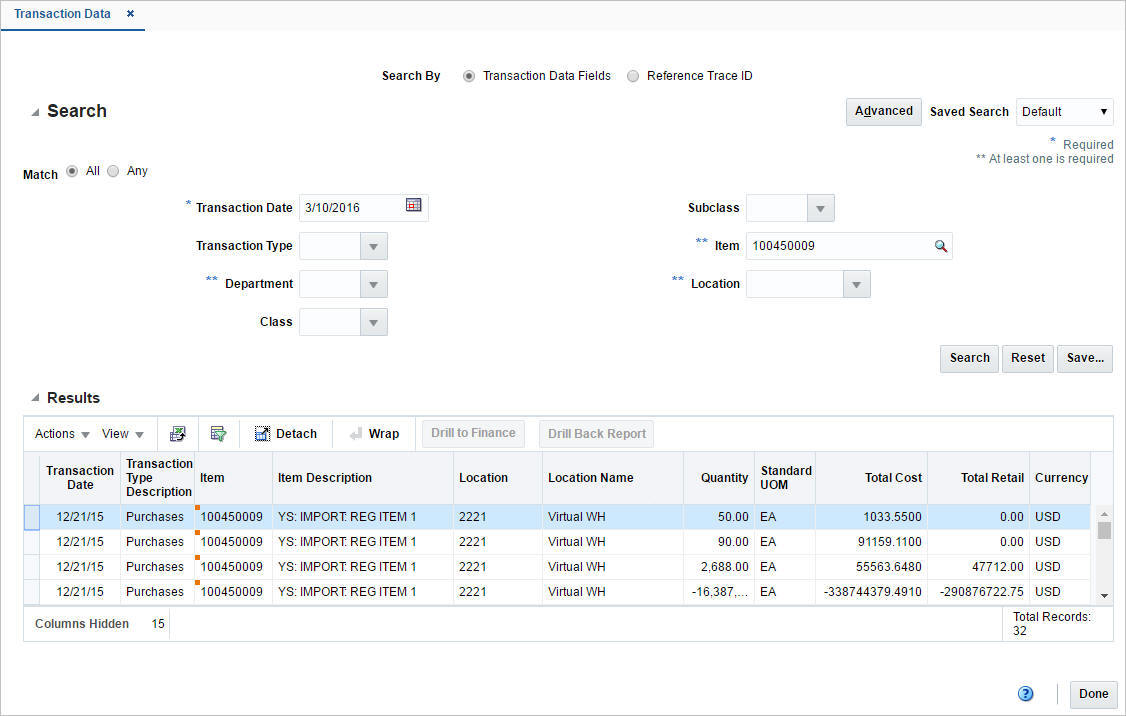 Transaction Data window