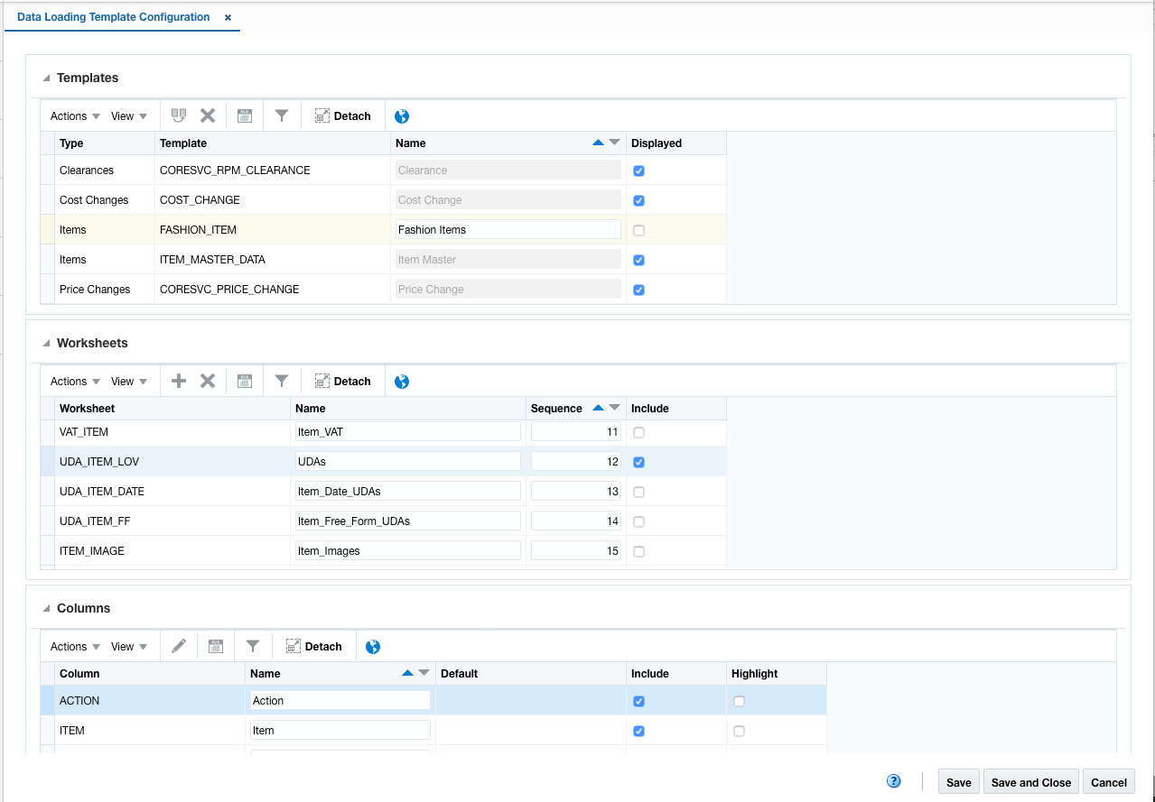 Data Loading Template Configuration Screen