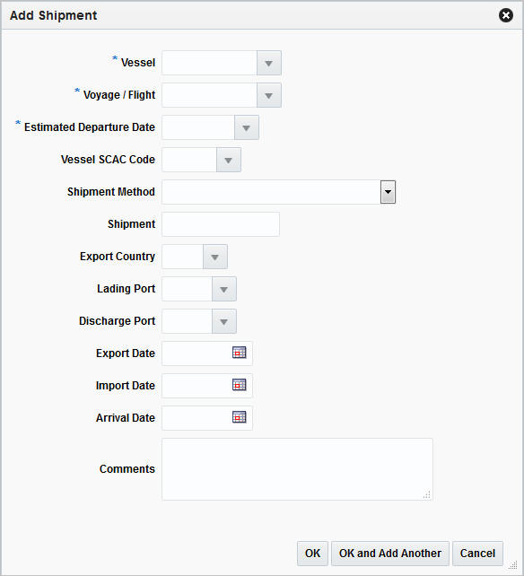 Add Shipment window