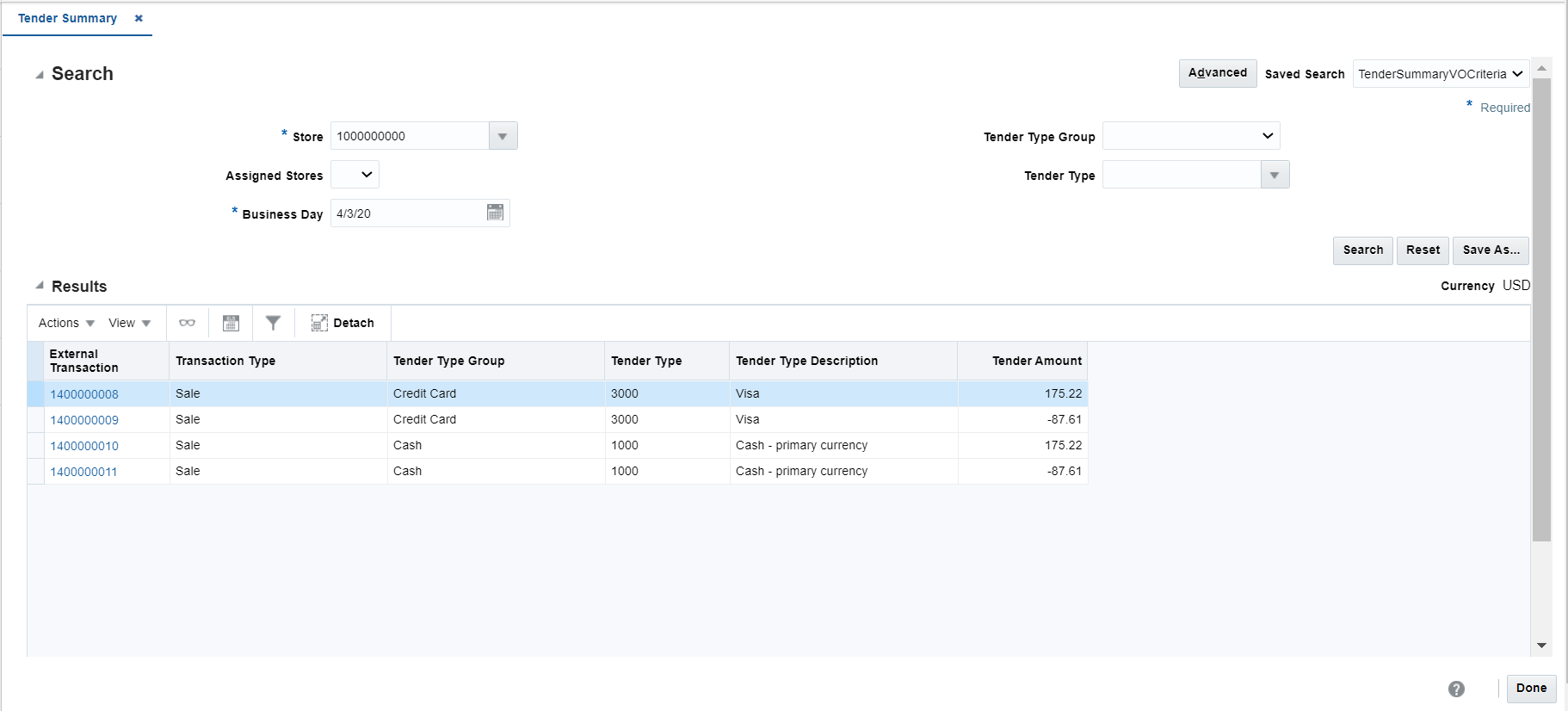 Tender Summary Window