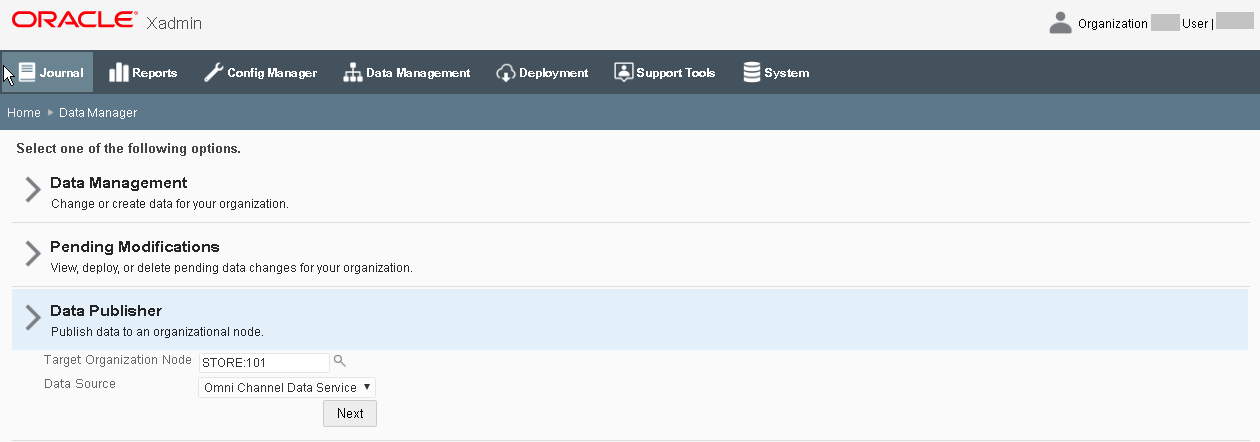 This figure shows the Data Publisher option in Xstore Office.