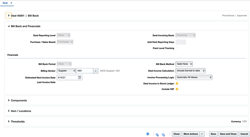 Bill Back and Financials Page Bill Back and Financials Page