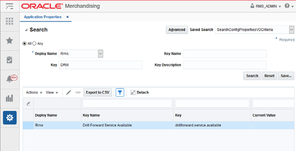 Application Properties Screen with Drill Forward Key Name