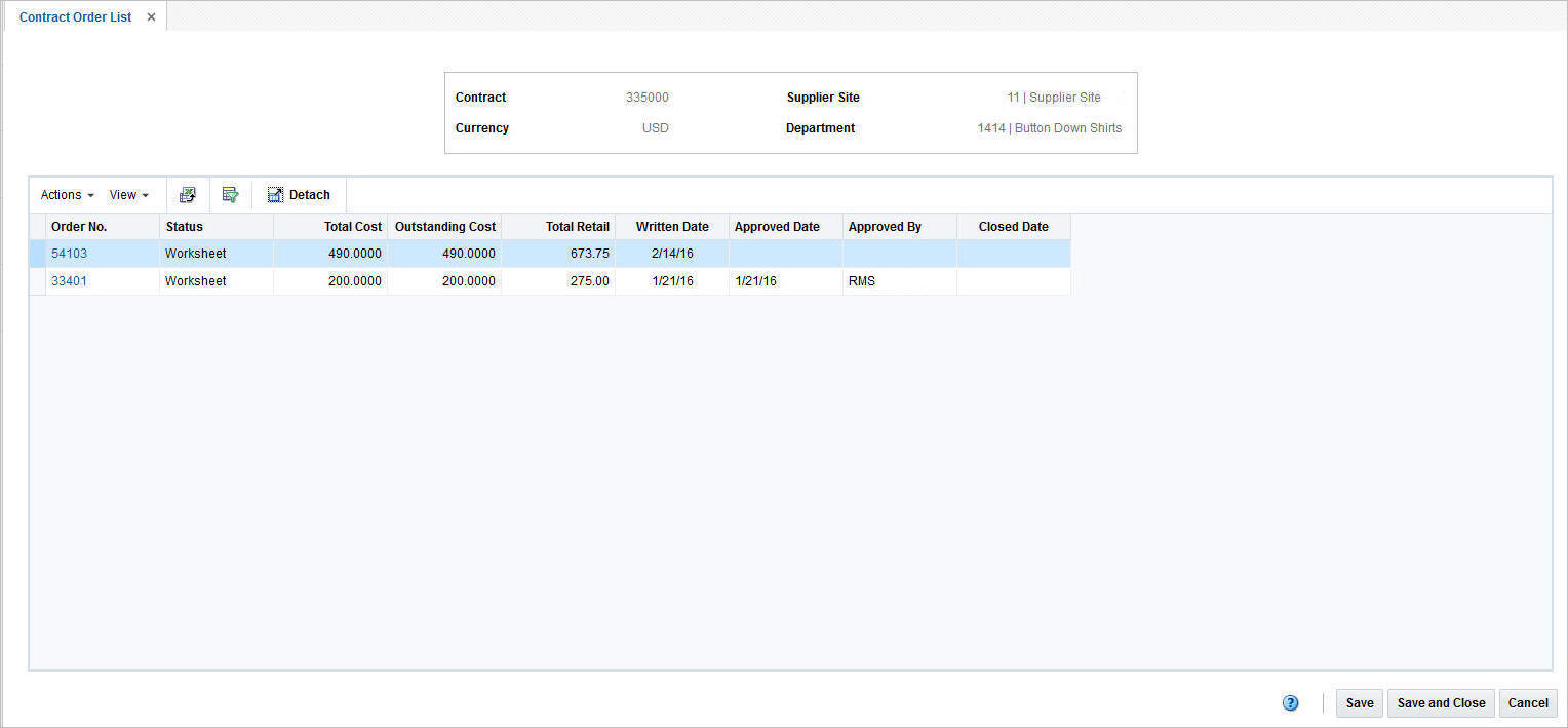 Contract Order List window