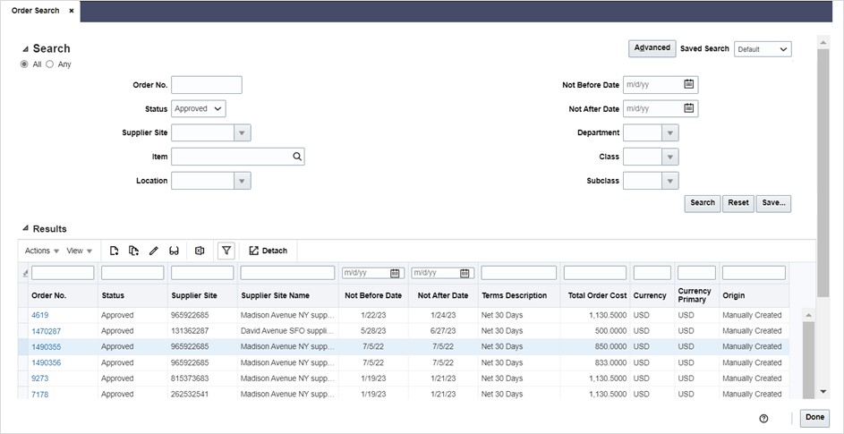 Order Search window