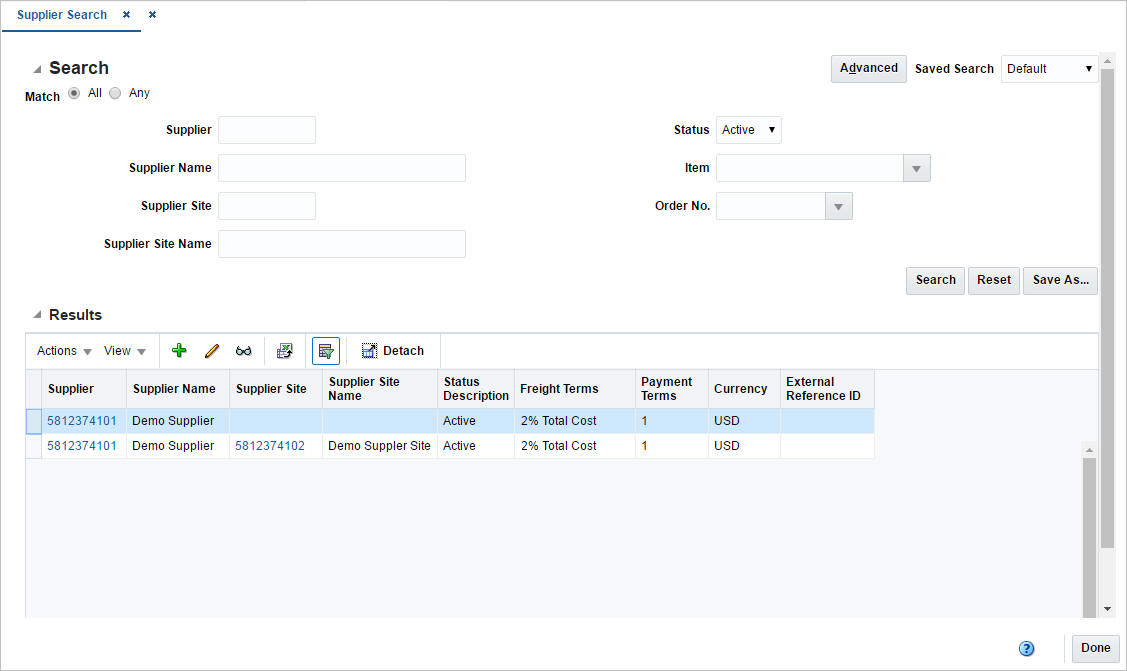 Supplier Search window Supplier Search window