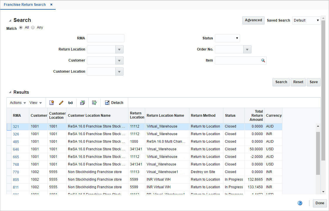 Franchise Return Search window Franchise Return Search window