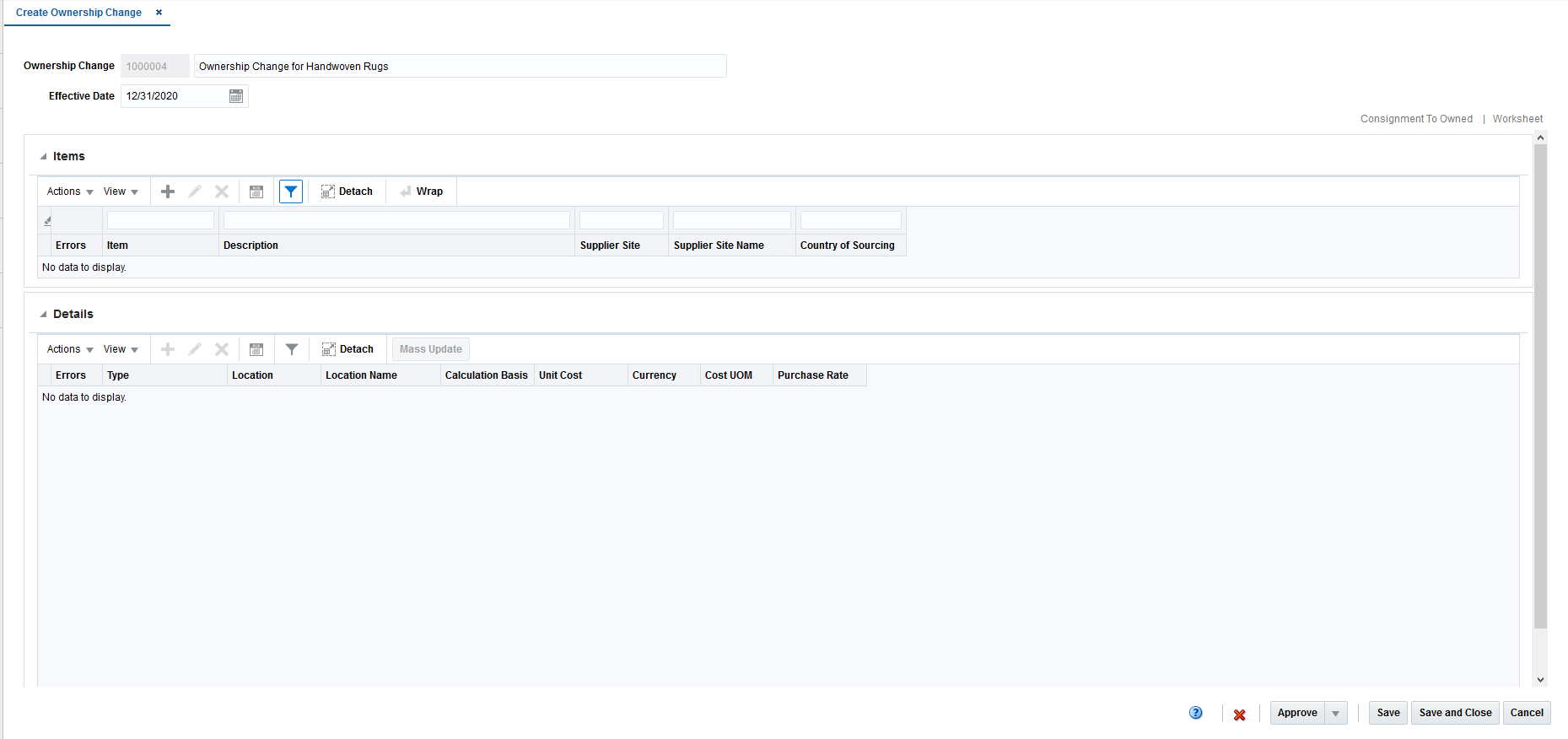 Create Ownership Change page Create Ownership Change page