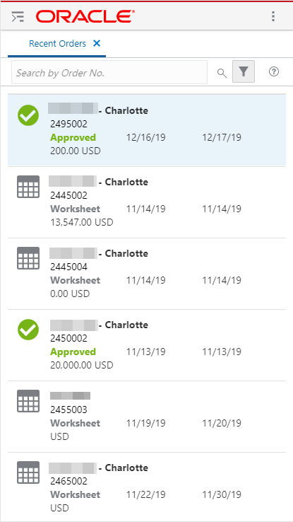 Recent Orders Screen