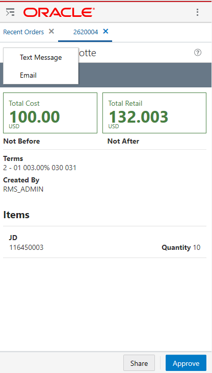 Order Details Screen Share Button