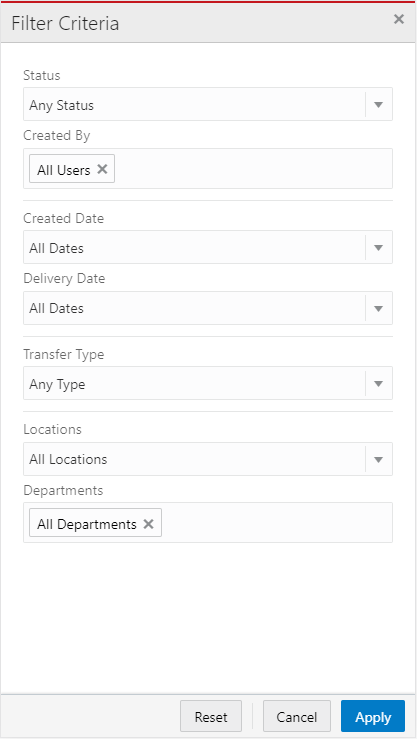 Recent Transfers Filter Criteria Screen