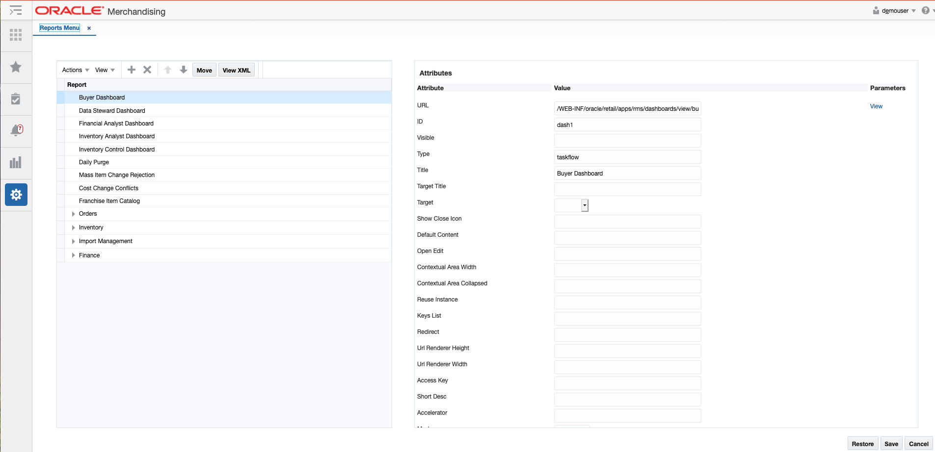 Reports Menu Table View