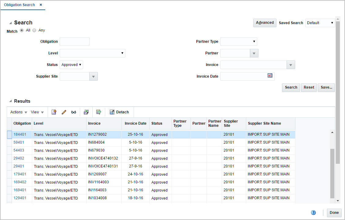 Obligation Search window Obligation Search window